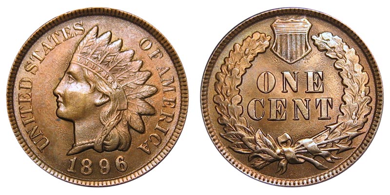 Group of 1896 Indian Head Pennies showing various grades from Good to Uncirculated condition