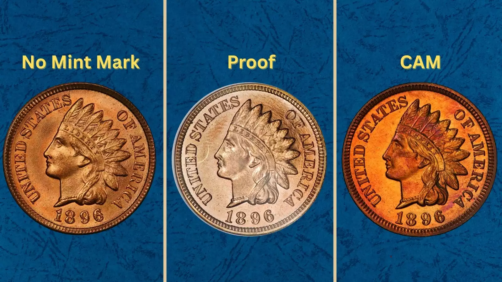 1896 Indian Head Penny grading strip showing Good, Fine, Extremely Fine, and Uncirculated condition examples